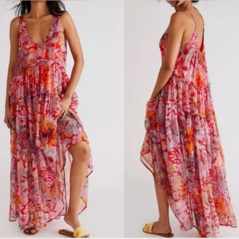 🦋Free People Juliana Tiered Flowy Abstract Chiffon Cherry Combo Maxi Dress🦋 - Picture 3 of 12
